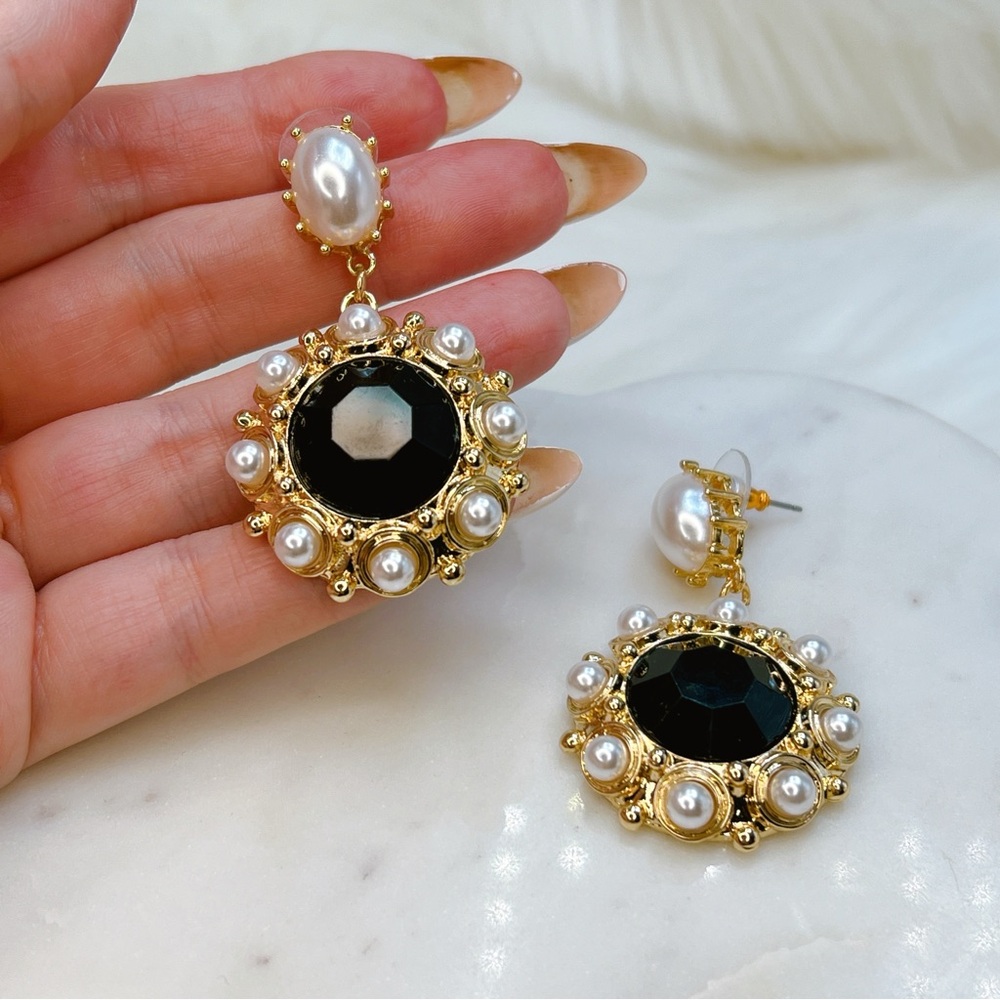 Gold and Black Pearl Statement Earrings - Picture 2 of 5